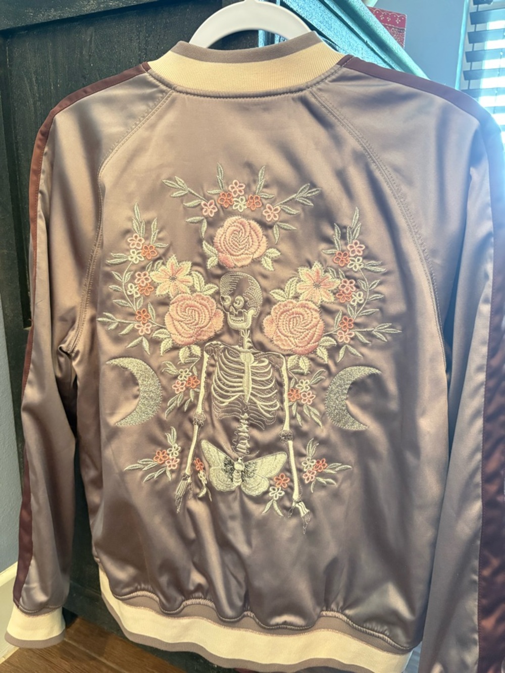 Express Satin Bomber Jacket with Pink Floral & Skeleton Embroidery